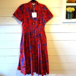 Alexis orange & blue leaf print swing dress tropical